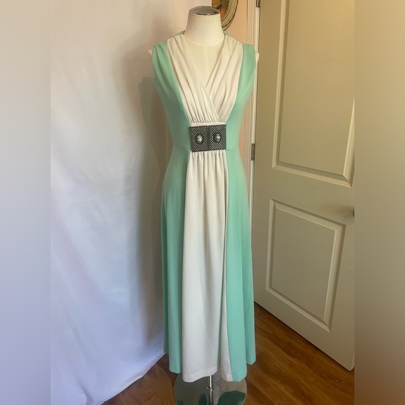 Gorgeous Vintage Boho Light Seafoam Green & White Sleeveless Maxi Dress Small - Picture 3 of 10